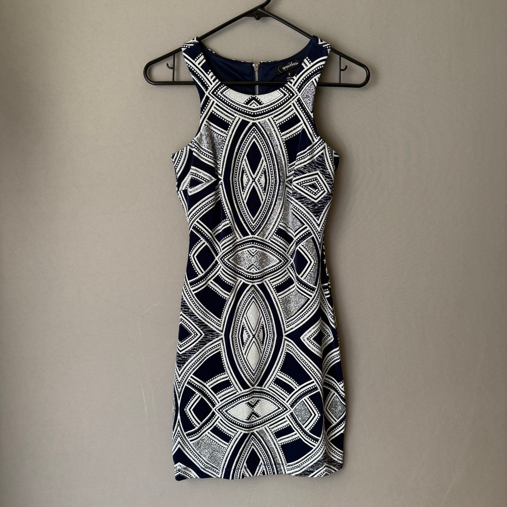 Speechless‎ 3 Navy Blue Silver Glitter Geo Bodycon Mini Dress Art Deco Party